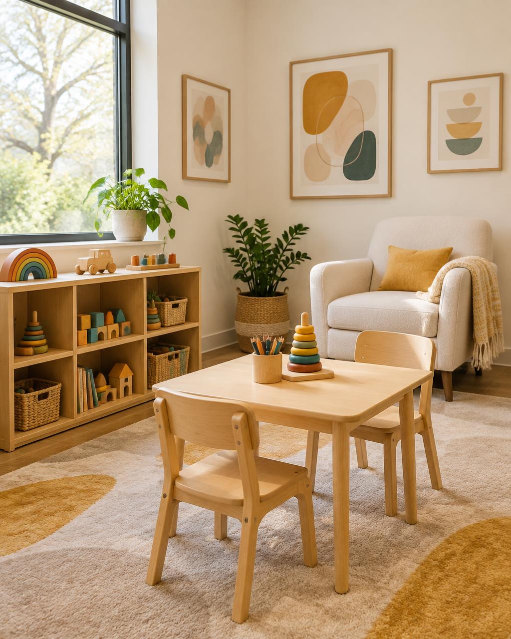 Sala de psicologia infantil, com brinquedos e materiais lúdicos